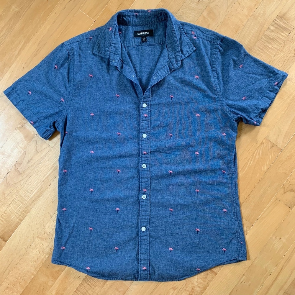 Express Men’s Short Sleeve Flamingo Button-Down Shirt Size Medium